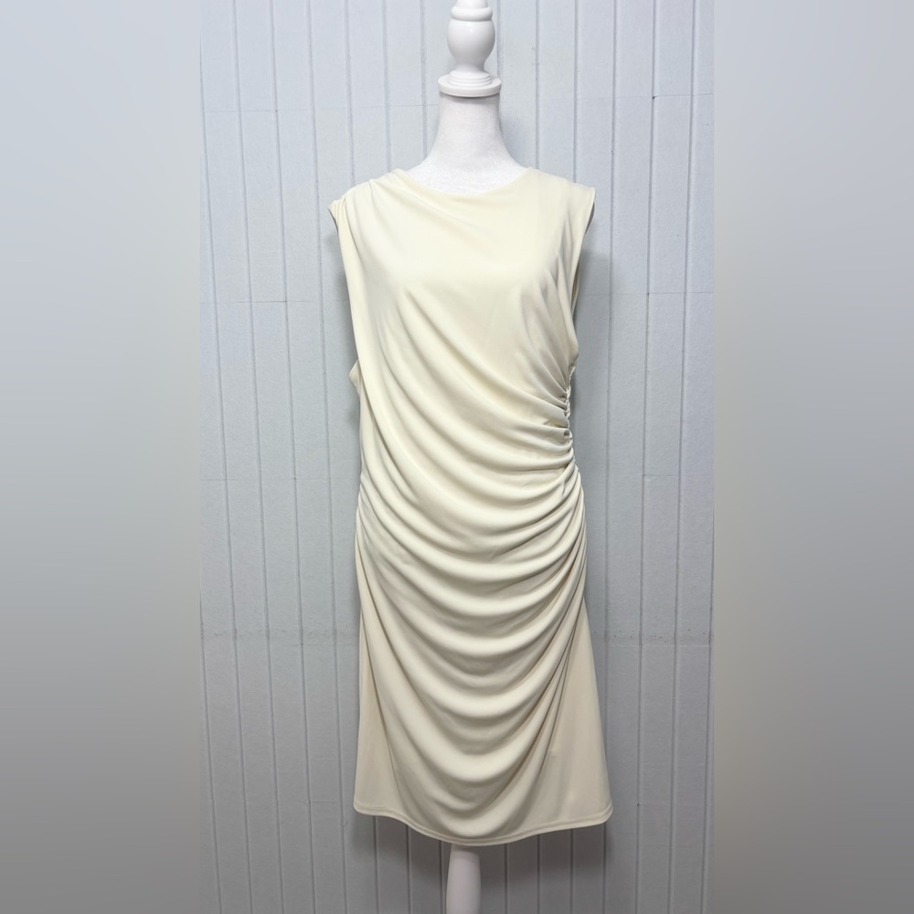 Zara Women's Gathered Fitted Dress Cream Size XXL